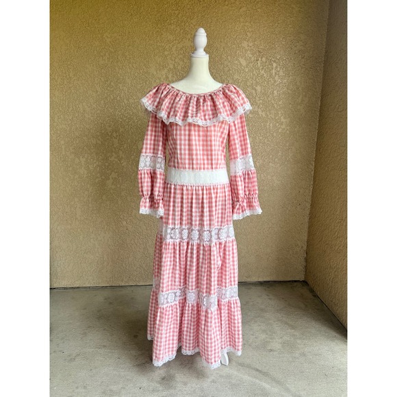 Vintage Dresses & Skirts - Vintage 70s Prairie Dress Pink Gingham Checkered Lace Trim Maxi Cottagecore S/M